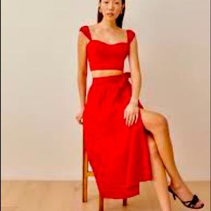 Reformation Red Linen Matching skirt and crop